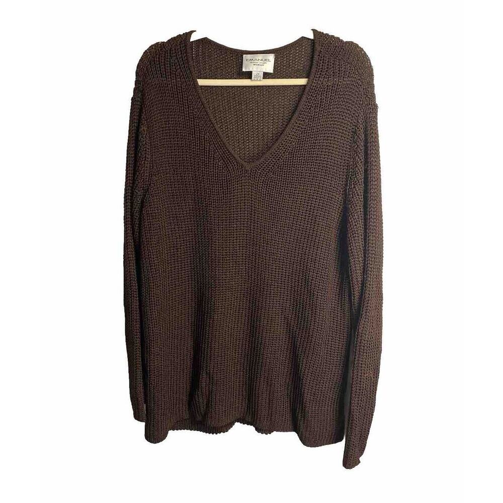 Emanuel Ungaro Womens Heavy Knit Pullover V-neck Sweater Brown Sz‎ 2X Plus Nylon